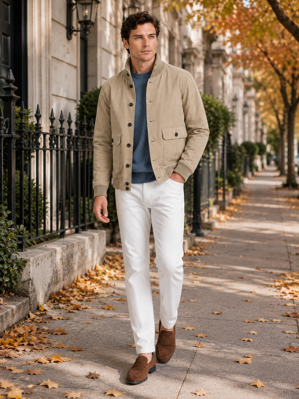 Man styling khaki cargo fall jacket in a rugged outdoor and everyday lifestyle outfit
