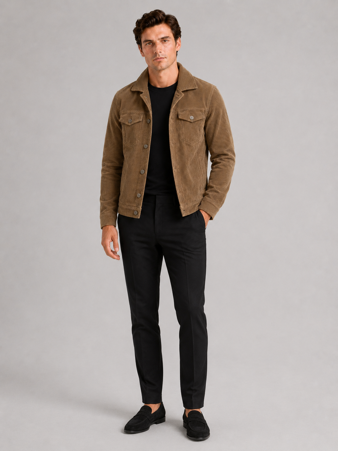 Khaki corduroy jacket for men slim fit long sleeve outerwear for everyday fall wear