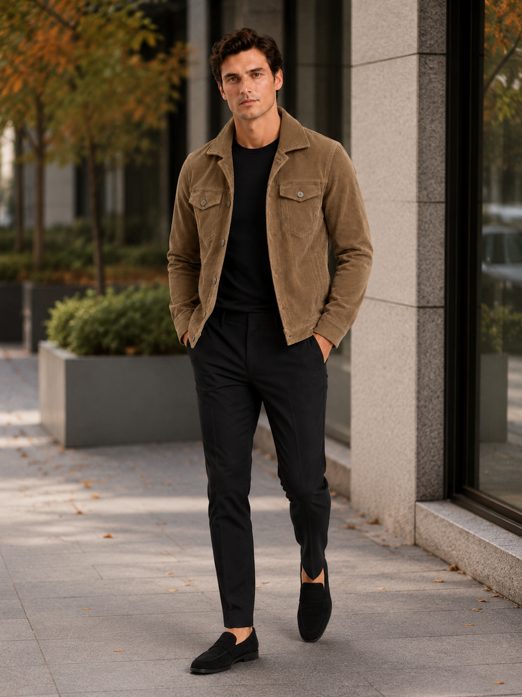 Man styling khaki corduroy fall jacket in a relaxed everyday lifestyle outfit