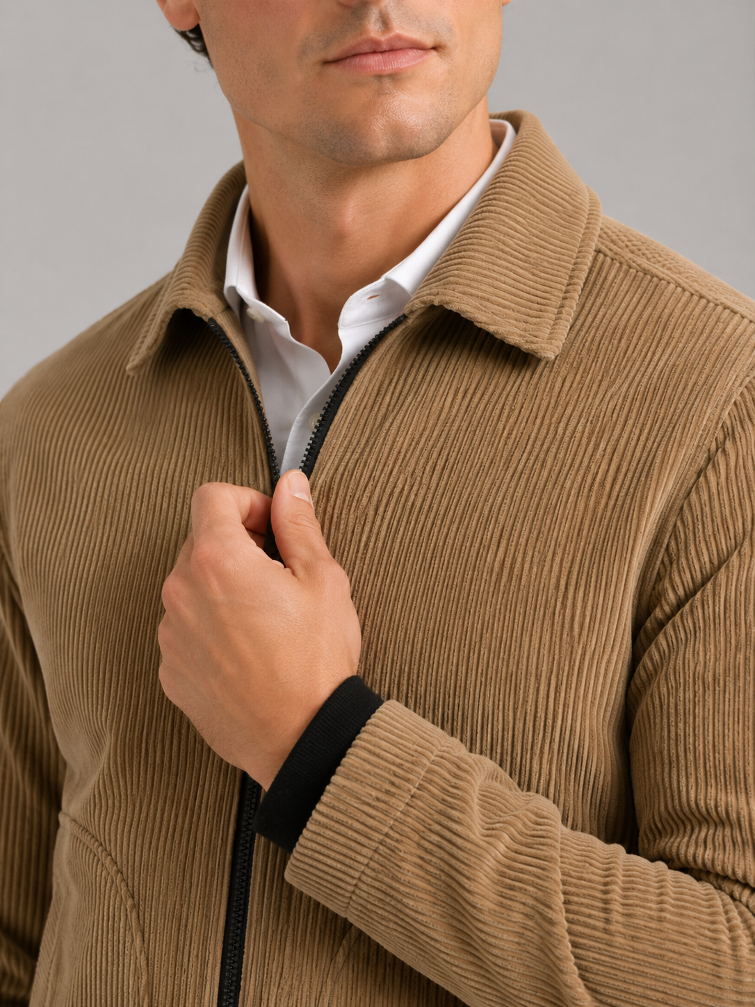 Close up of khaki corduroy jacket showing soft ribbed texture and warm fabric detail