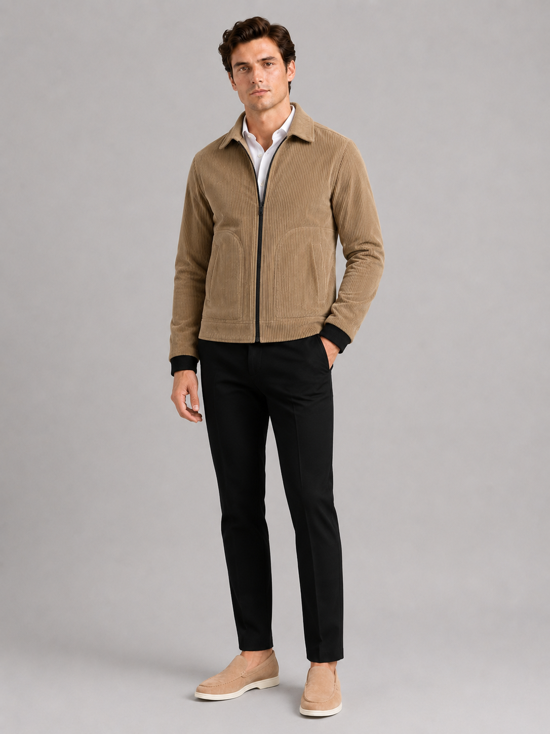 Khaki corduroy jacket for men thick warm outerwear for fall outdoor wear