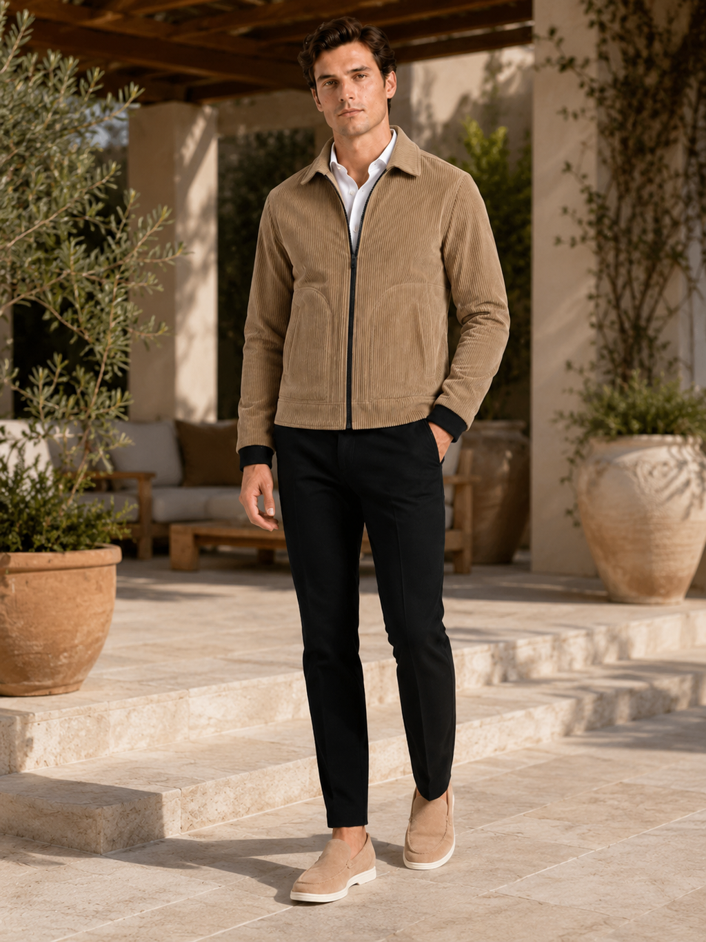 Man styling khaki corduroy jacket in a relaxed outdoor fall lifestyle outfit