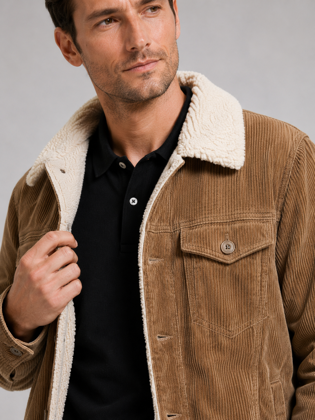 Close up of khaki corduroy jacket showing soft ribbed texture, cotton padding, and button front detail