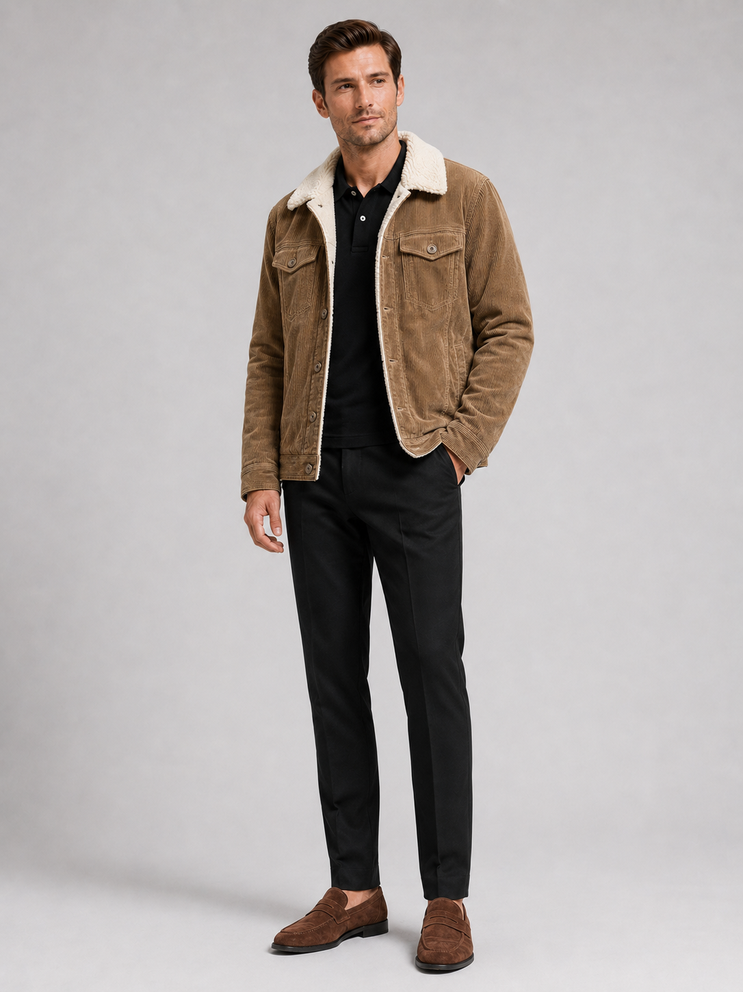 Khaki corduroy jacket for men warm loose fit winter coat for everyday and outdoor wear
