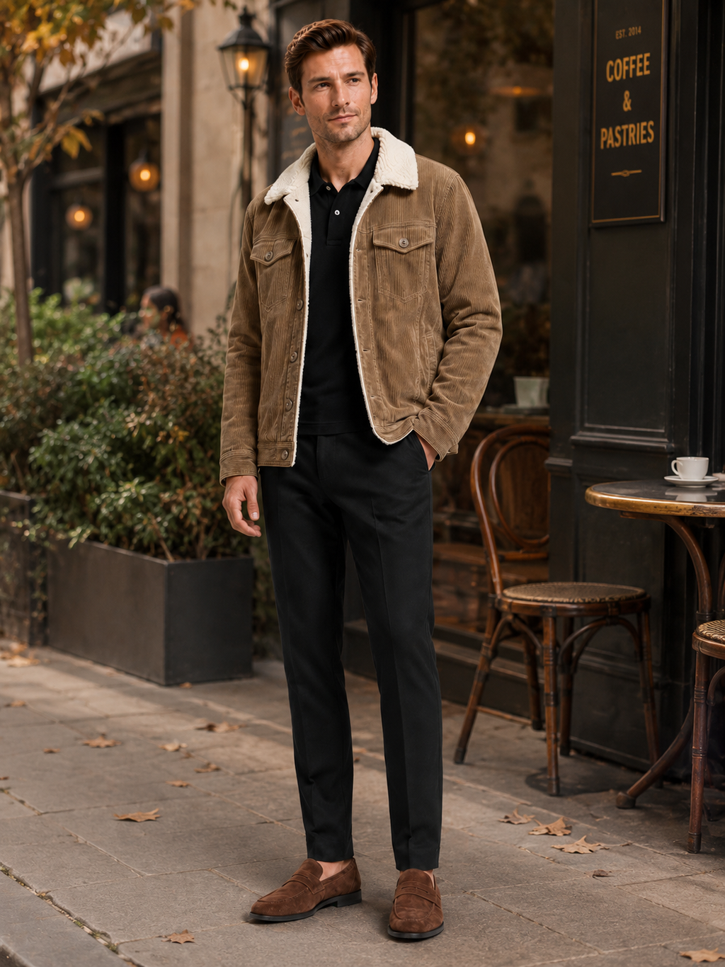 Man styling khaki corduroy jacket in a classic outdoor and everyday winter lifestyle outfit
