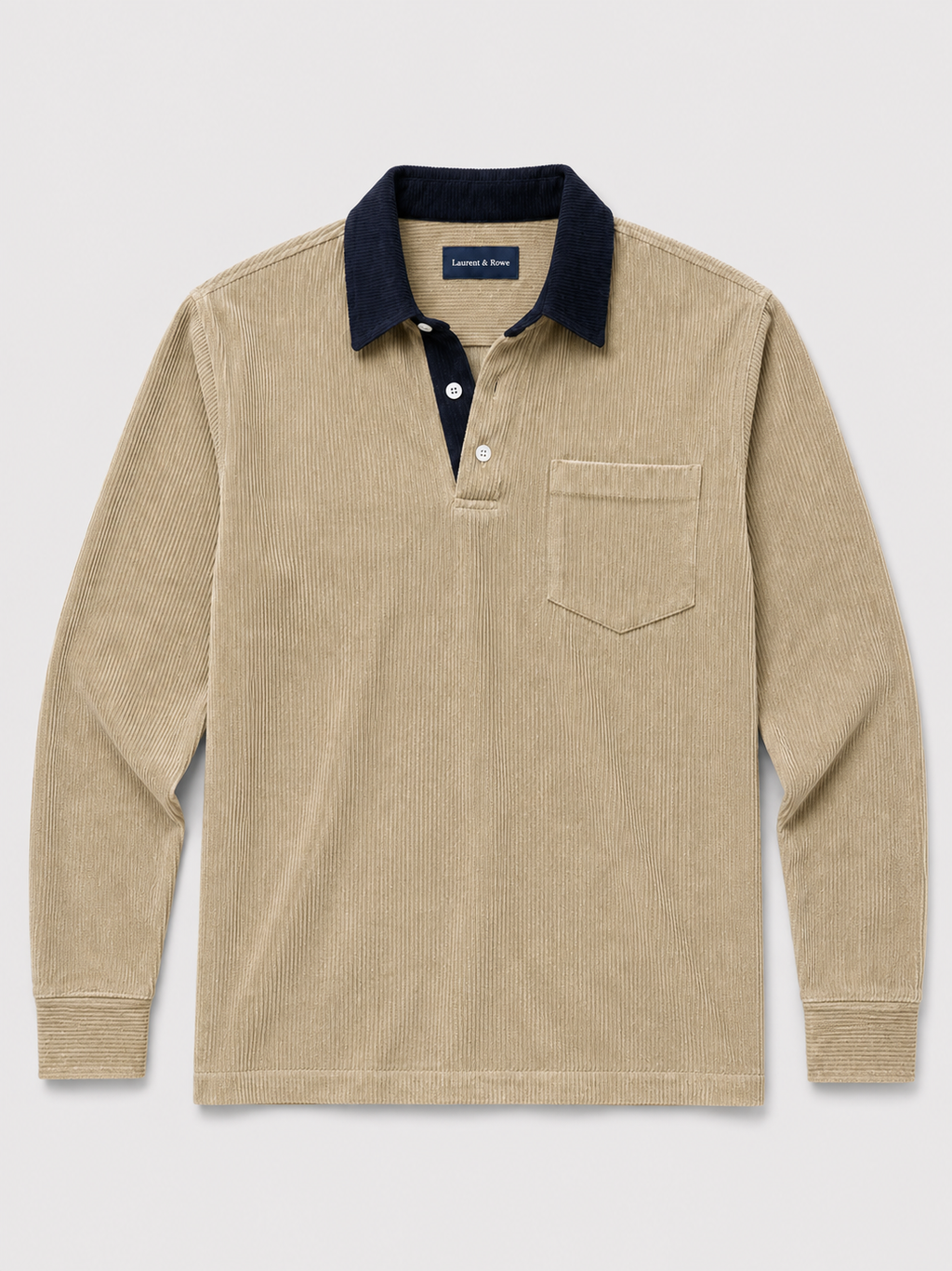 Khaki men’s corduroy long sleeve polo shirt with a contrast turn-down collar displayed on a plain background
