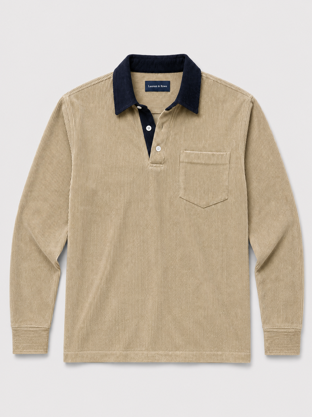 Khaki men’s corduroy long sleeve polo shirt with a contrast turn-down collar displayed on a plain background