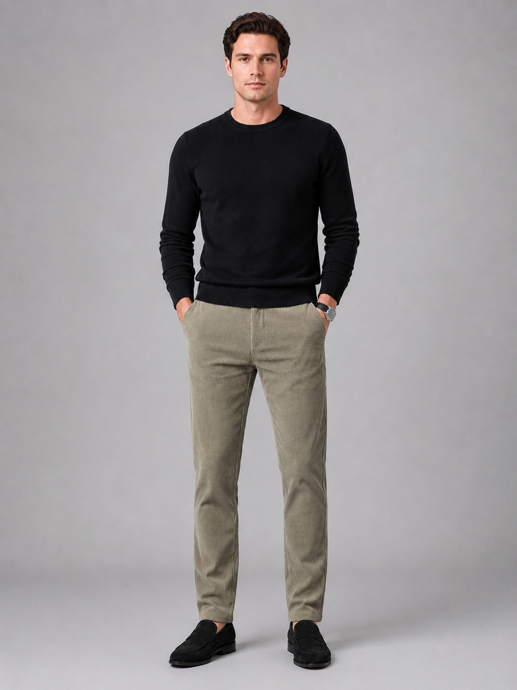 Khaki corduroy pants for men mid rise thick trousers for everyday fall winter wear