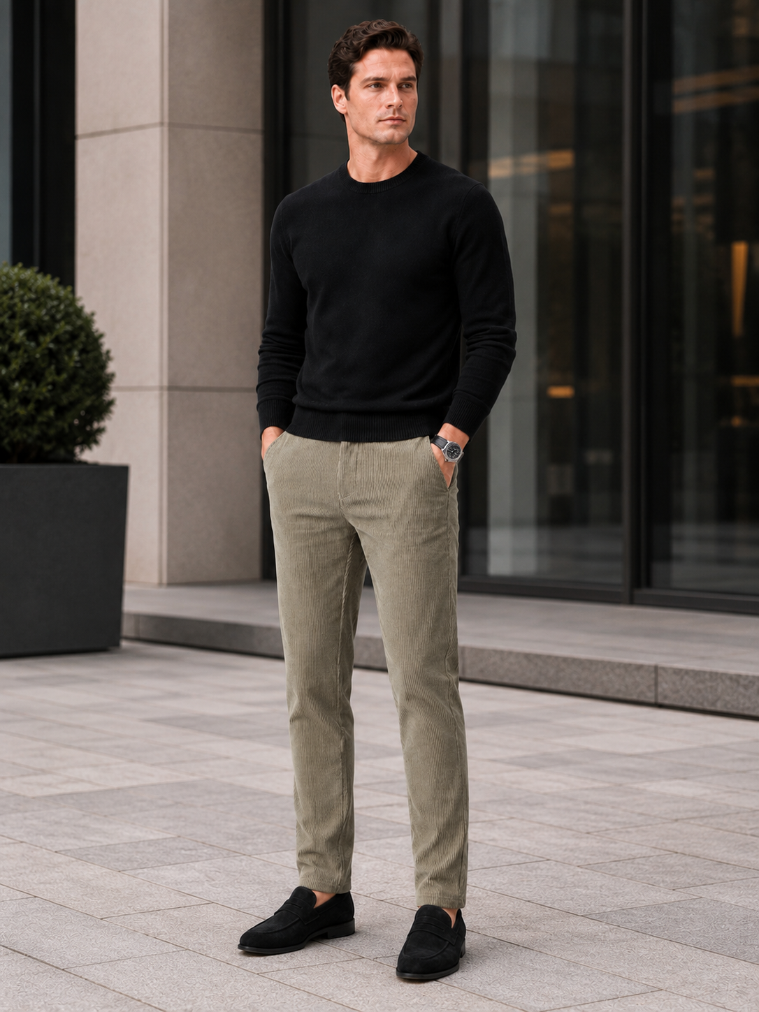 Man styling khaki corduroy pants in a classic fall winter everyday lifestyle outfit