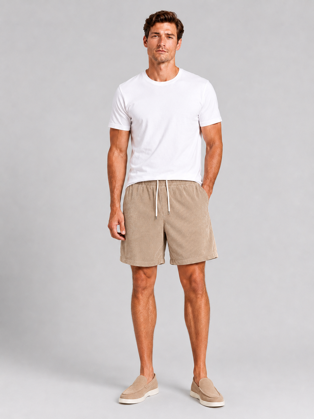 Men wearing khaki corduroy shorts drawstring loose fit summer casual beach style