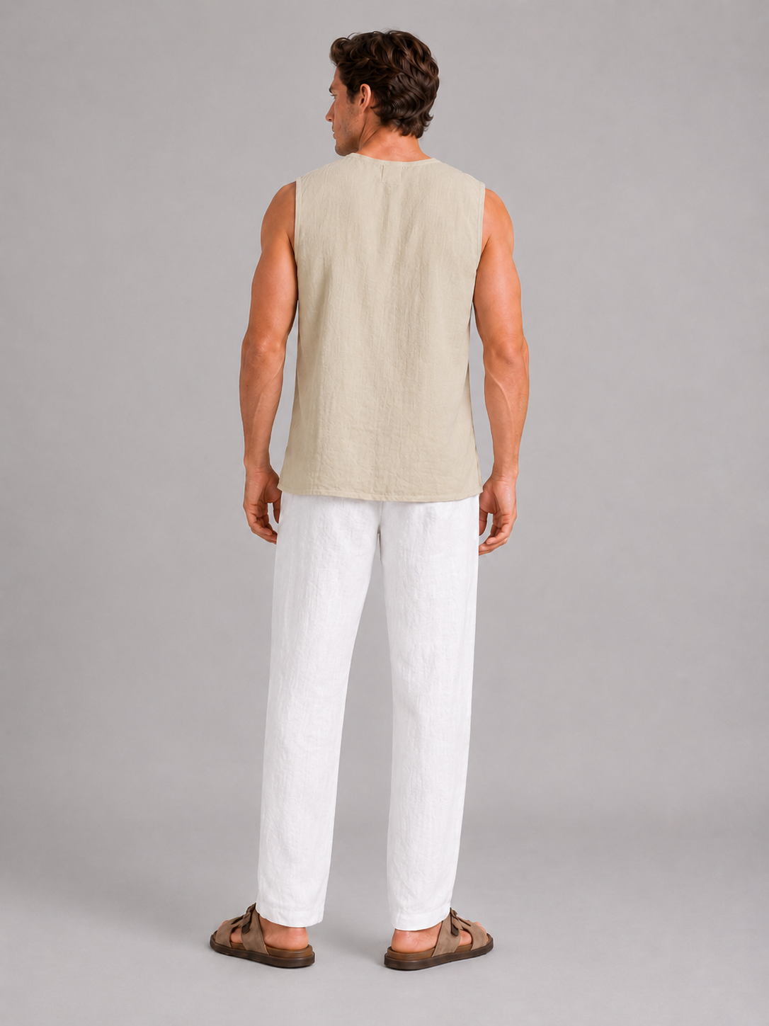 Men’s khaki lace up v neck tank top comfortable breathable summer shirt for casual outfits