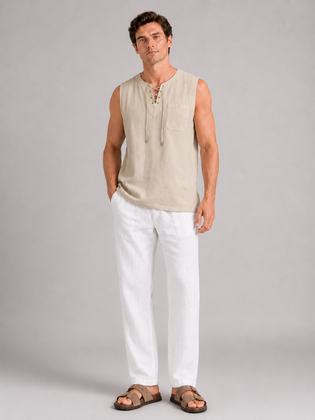 Khaki sleeveless cotton linen shirt for men lightweight summer top for vacation and beach wear