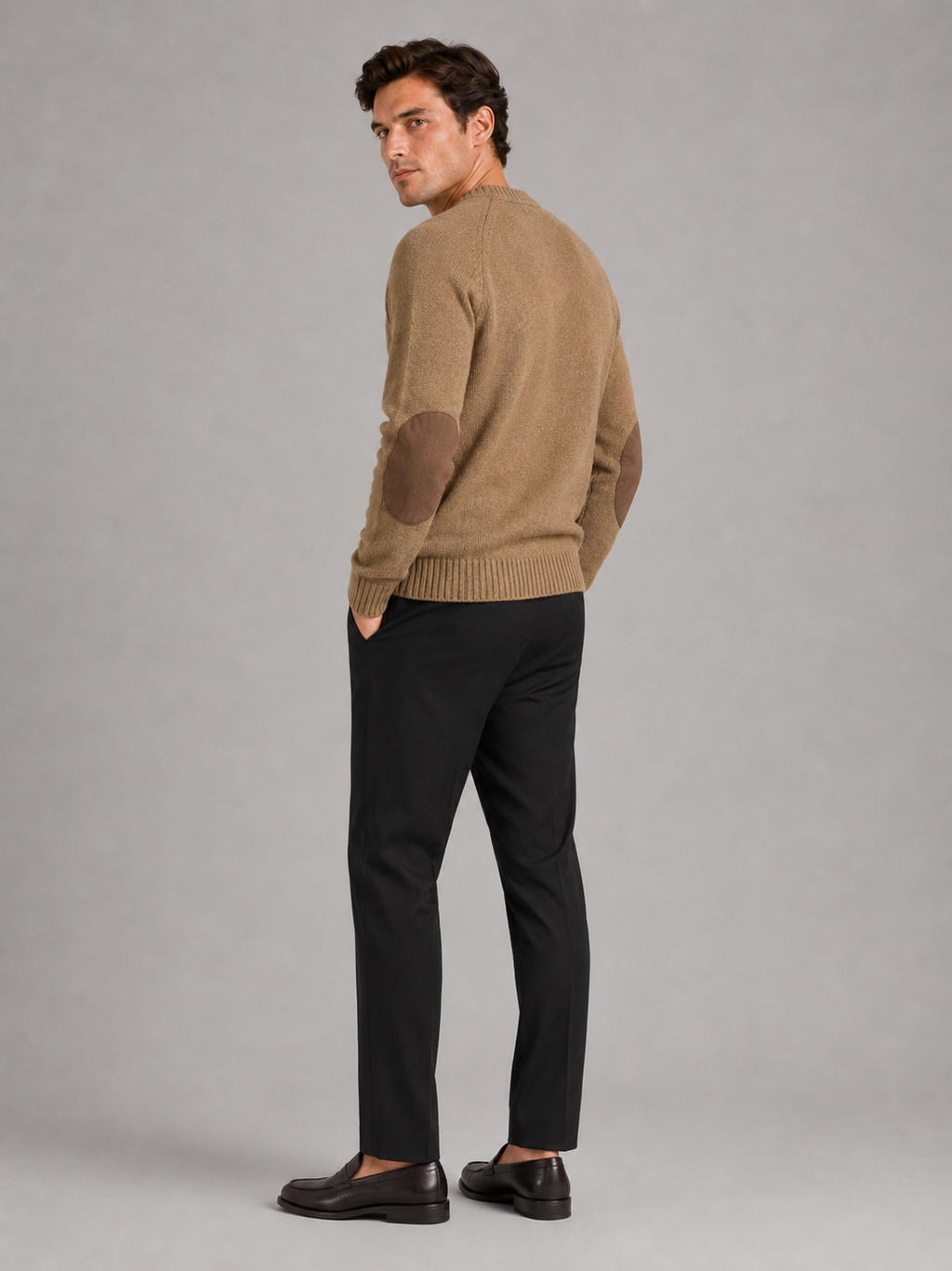Khaki crew neck wool sweater for men loose fit pullover for fall winter everyday wear