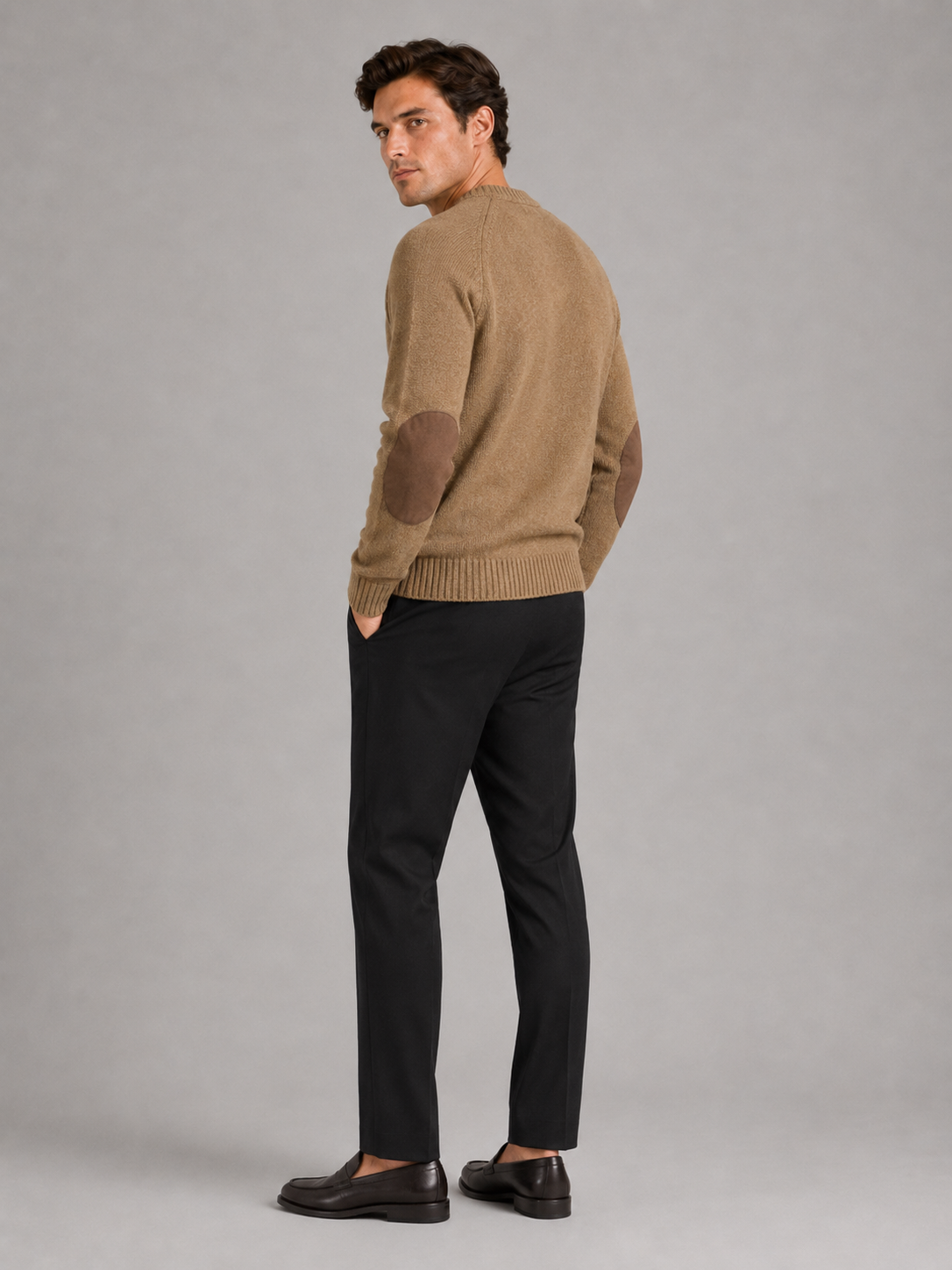 Khaki crew neck wool sweater for men loose fit pullover for fall winter everyday wear
