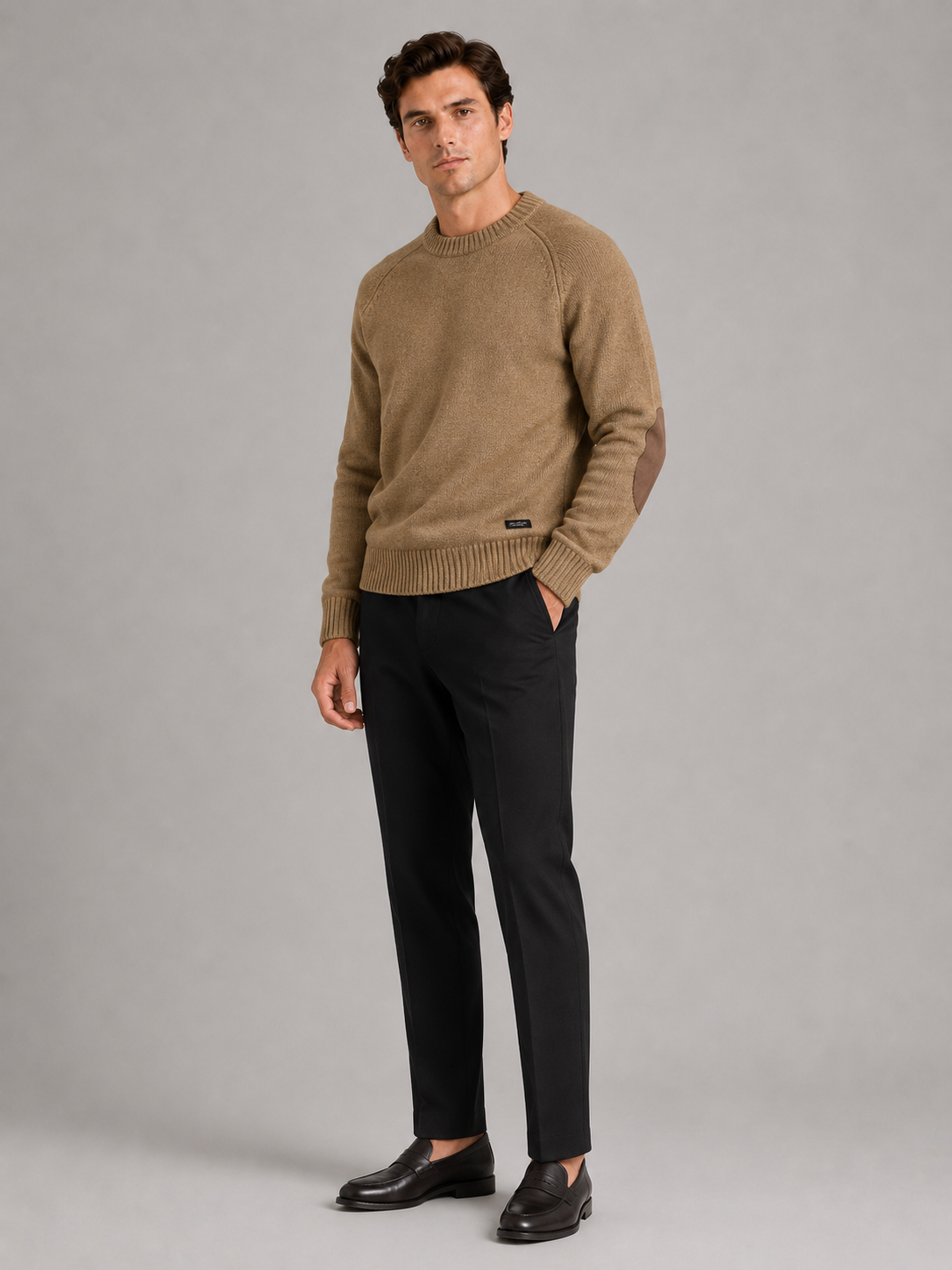 Men’s khaki thick wool knit pullover warm casual sweater for cold weather outfits