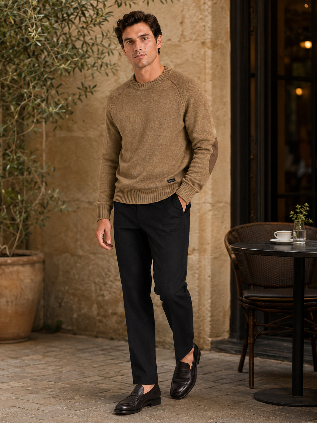 Man styling khaki crew neck wool sweater in a relaxed fall winter lifestyle outfit