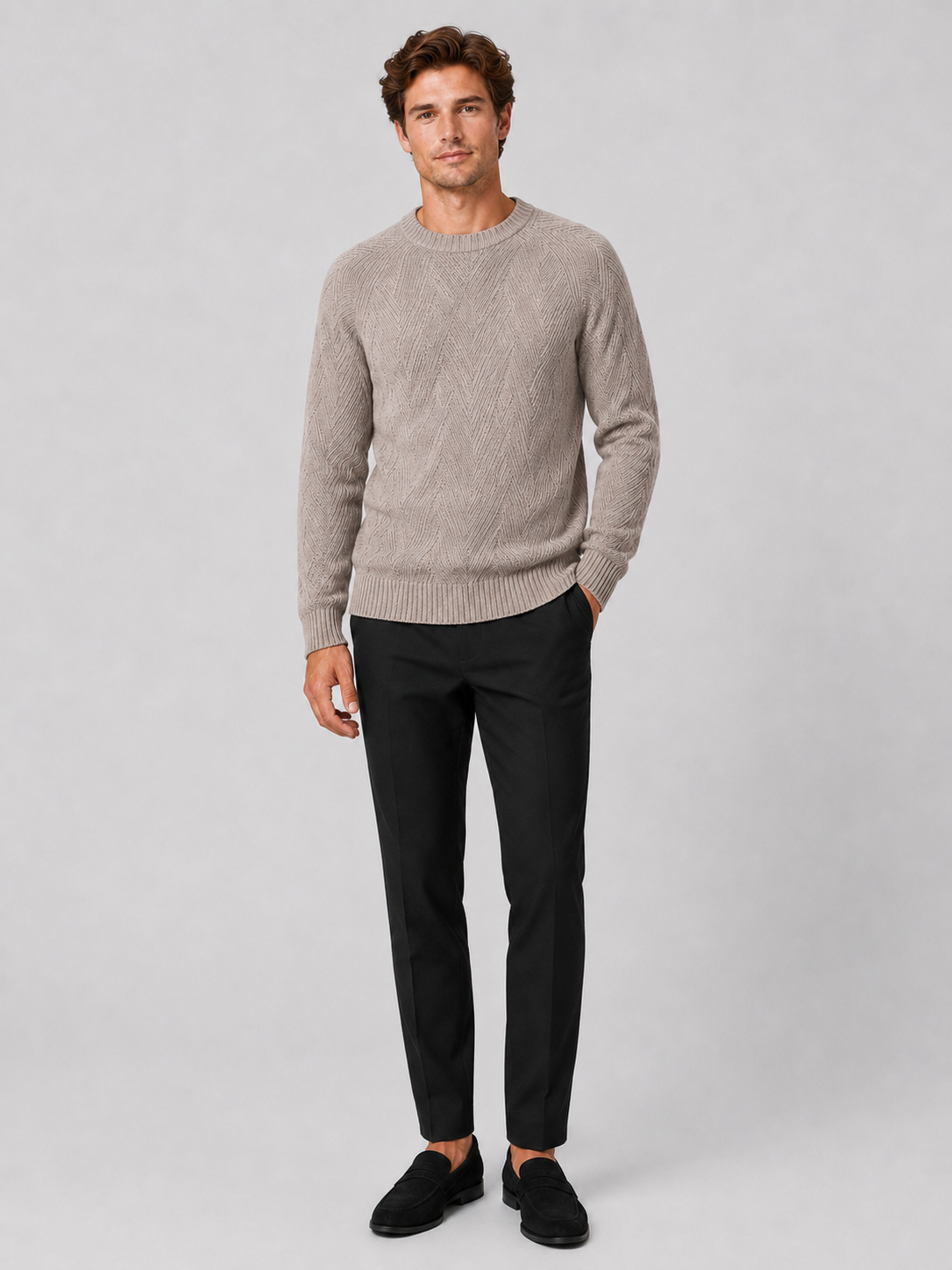 Khaki crewneck sweater for men comfortable fall pullover for everyday wear
