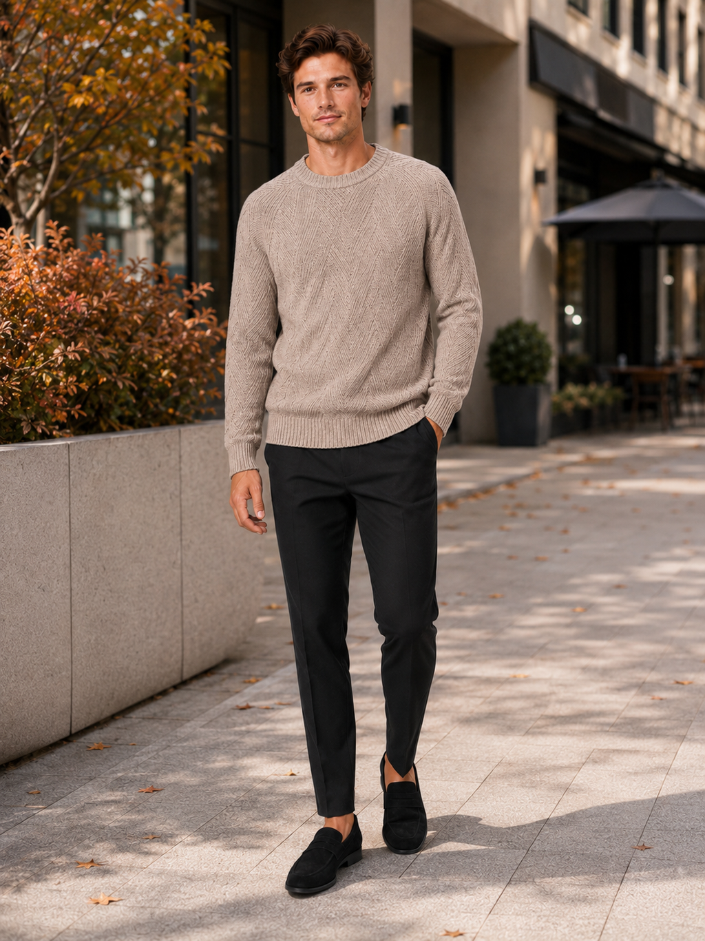 Man styling khaki crewneck sweater in a relaxed fall everyday lifestyle outfit