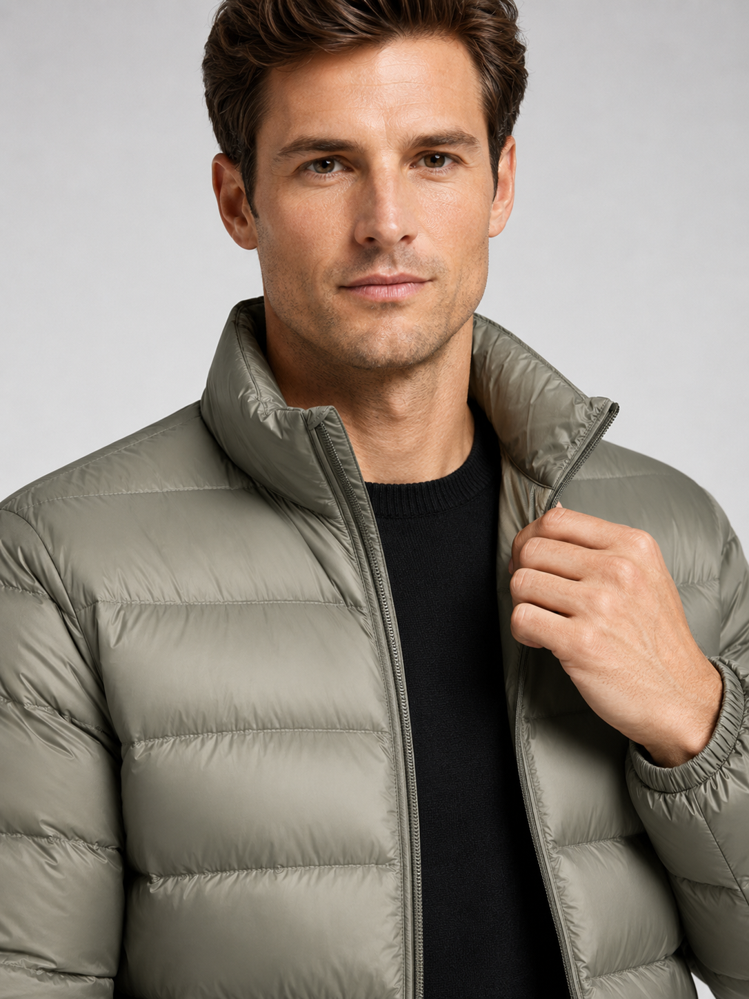 Close up of khaki down jacket showing lightweight quilted insulation, stand collar, and weather resistant fabric detail