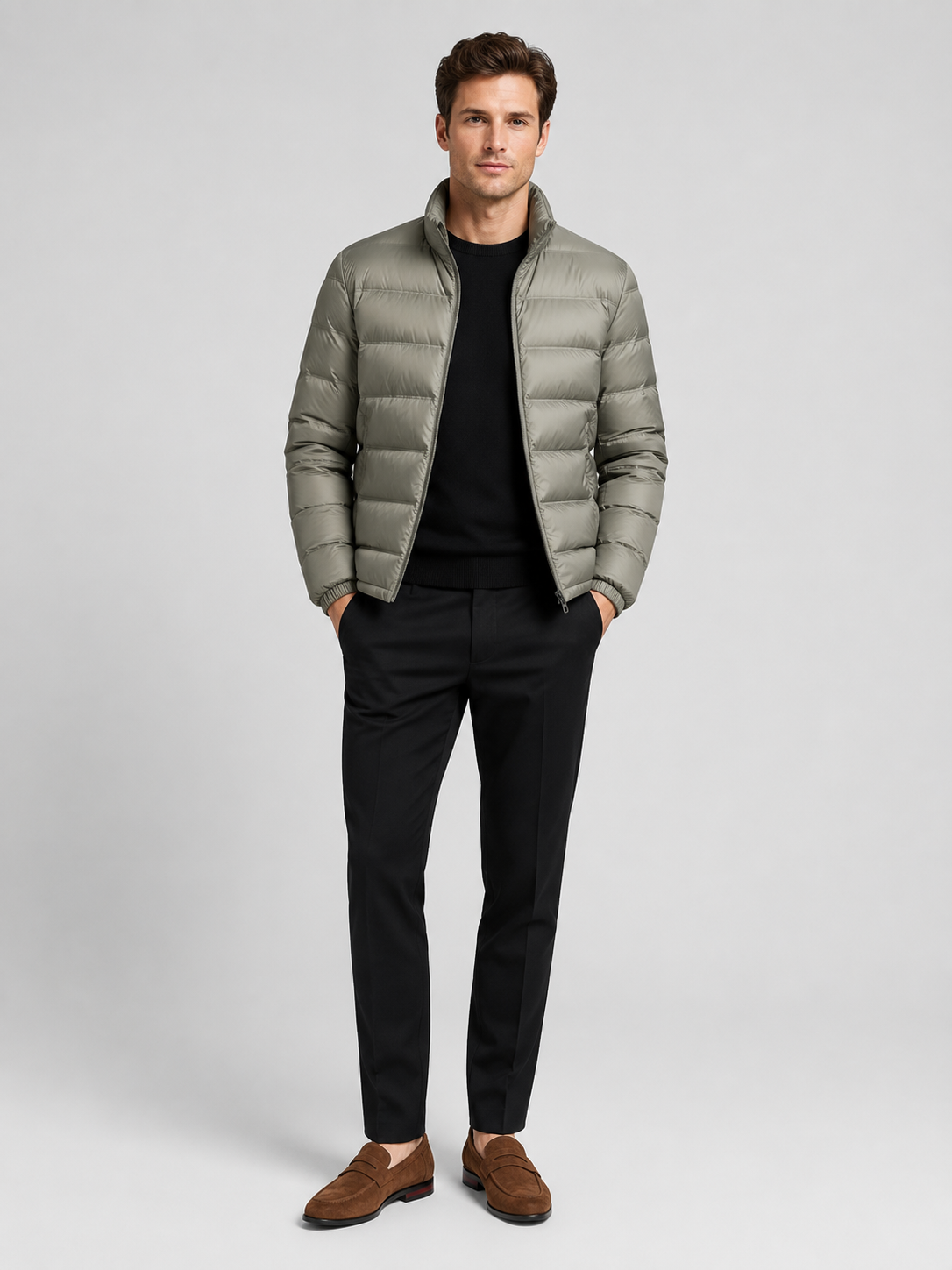 Khaki down jacket for men lightweight windproof waterproof fall winter puffer jacket for casual and everyday wear