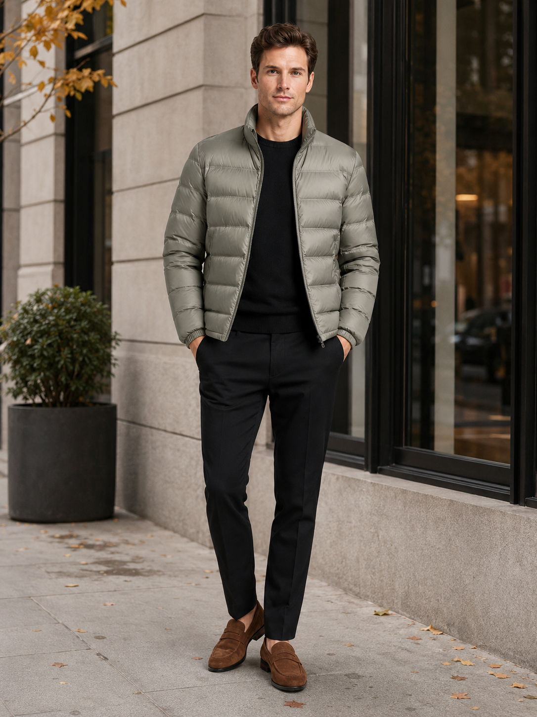 Man styling khaki down jacket in a classic outdoor and everyday winter lifestyle outfit