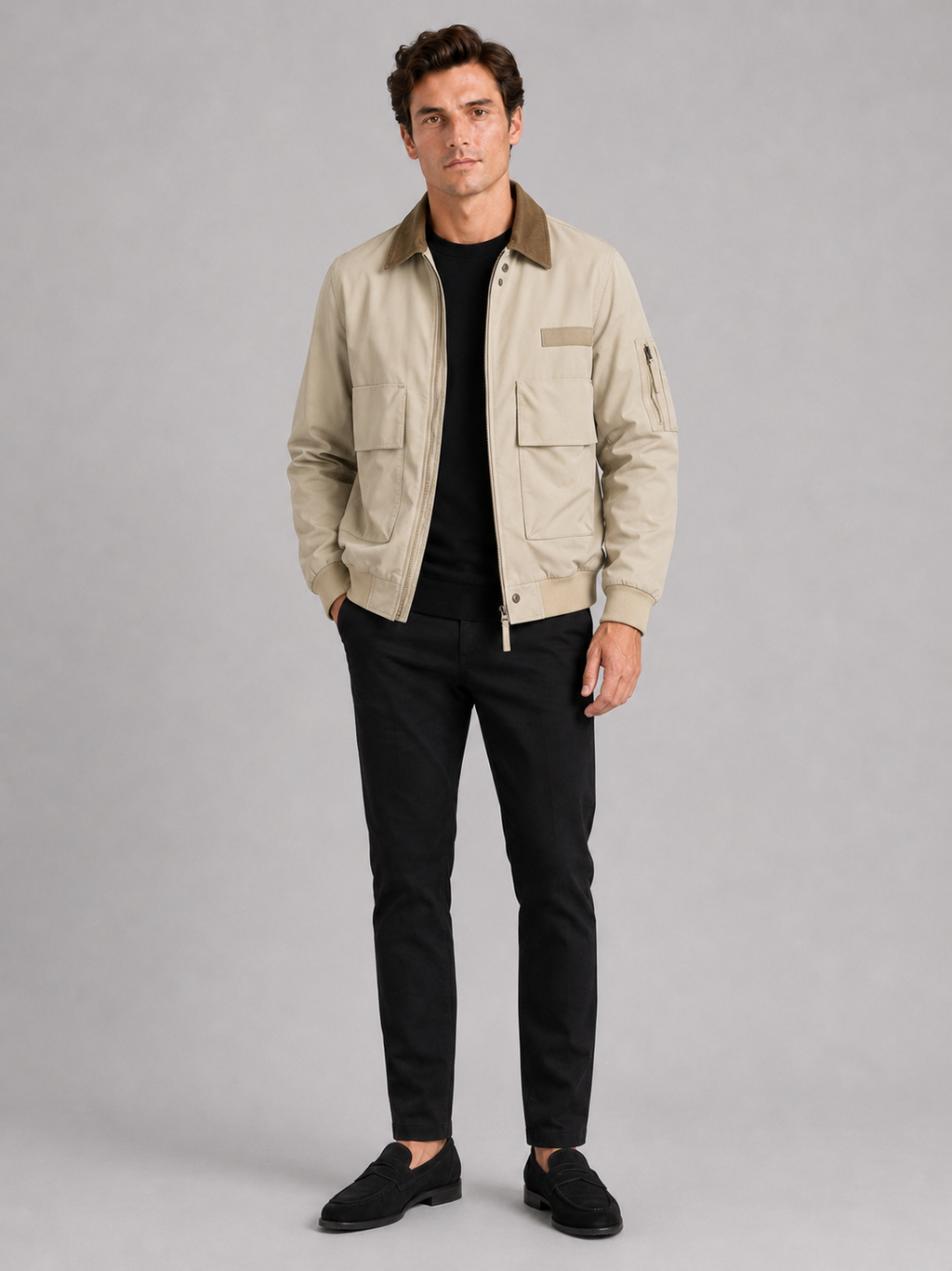 Khaki pilot jacket for men lightweight fall outerwear for work and casual wear