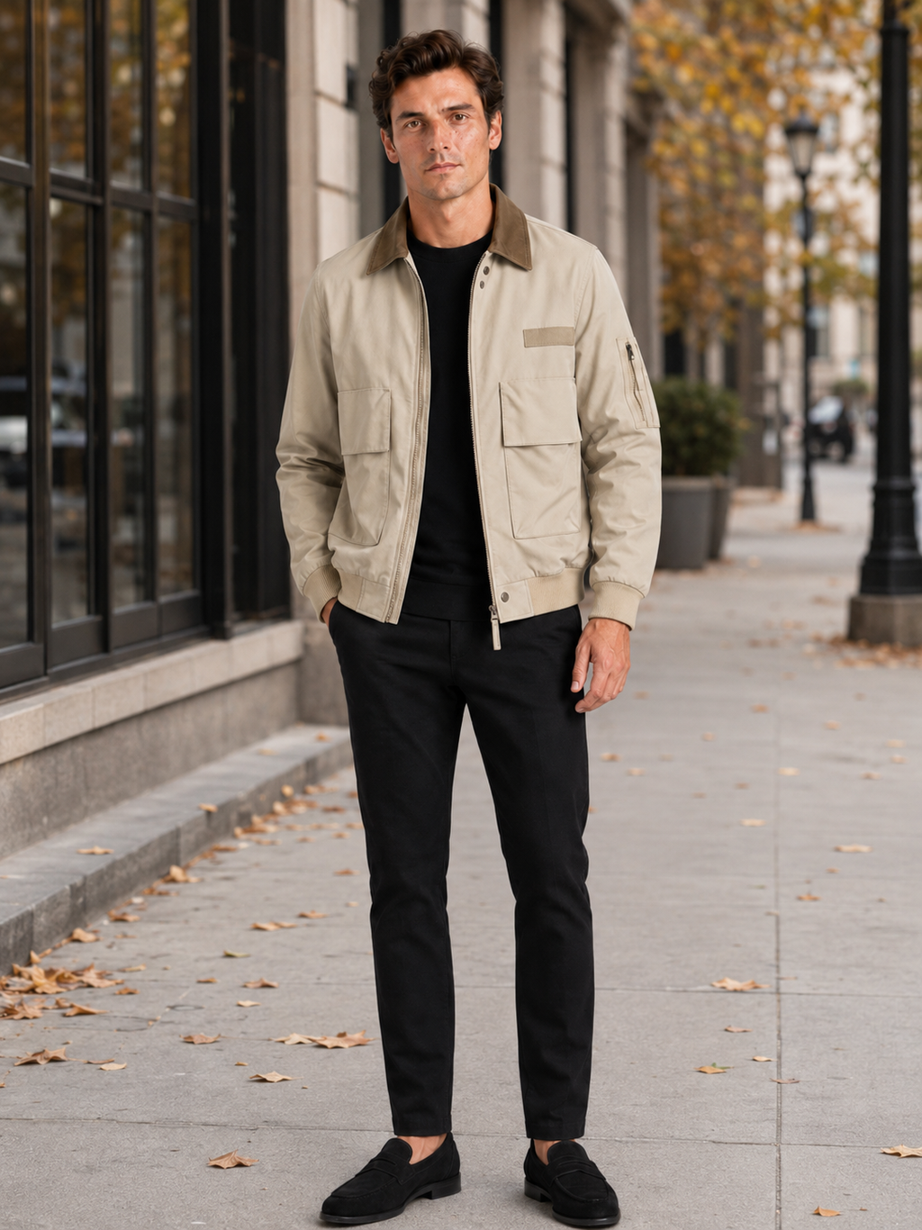 Man styling khaki pilot jacket in a rugged outdoor and everyday lifestyle outfit