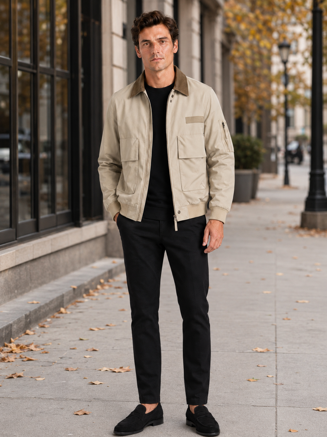 Man styling khaki pilot jacket in a rugged outdoor and everyday lifestyle outfit