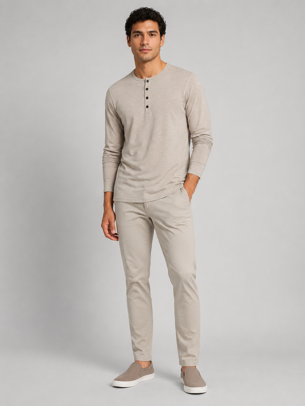 Men’s khaki long sleeve henley shirt slim fit comfortable spring wear