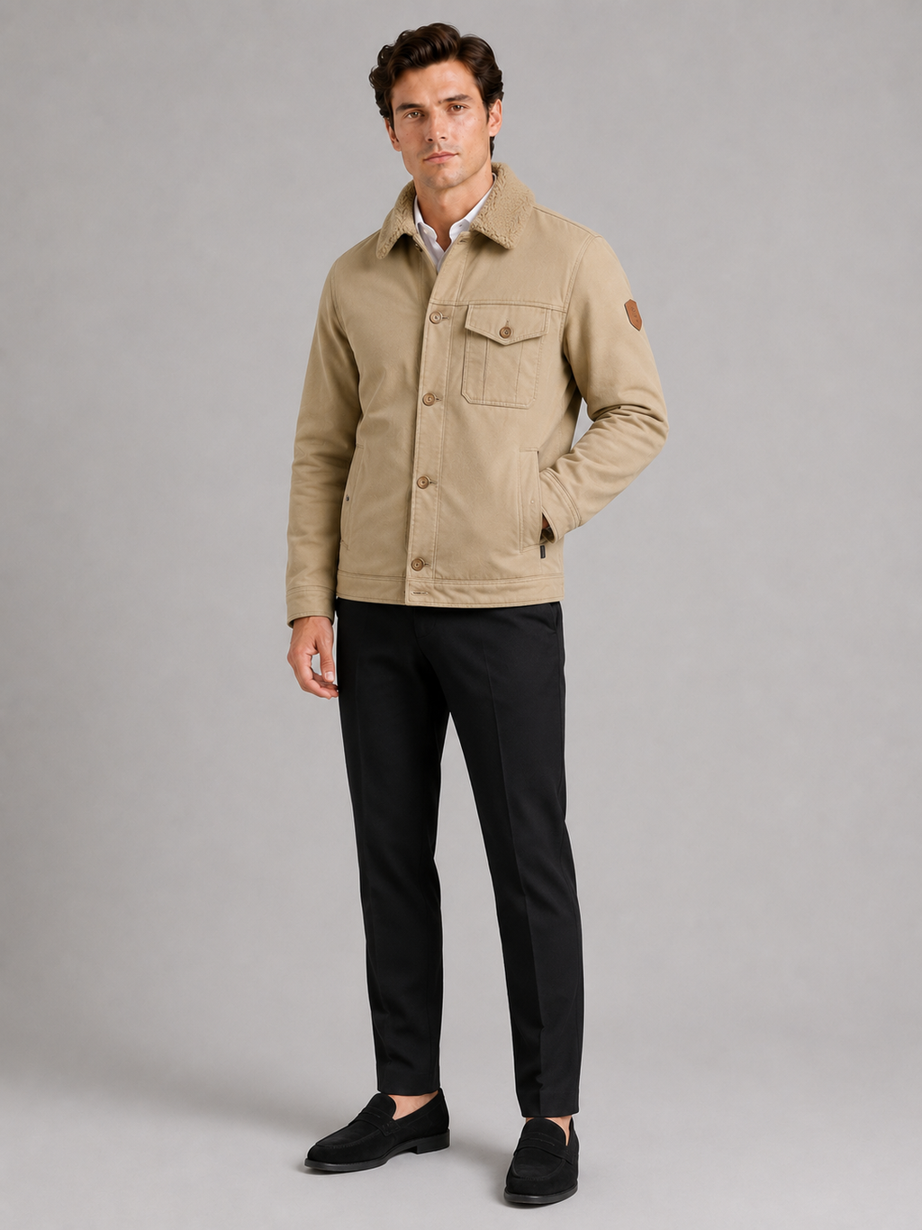 Khaki fleece lined jacket for men thick warm outerwear for outdoor and everyday winter wear