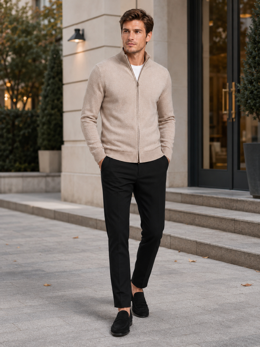 Man wearing a khaki full zip knit cardigan sweater in a business casual fall winter outfit for everyday wear