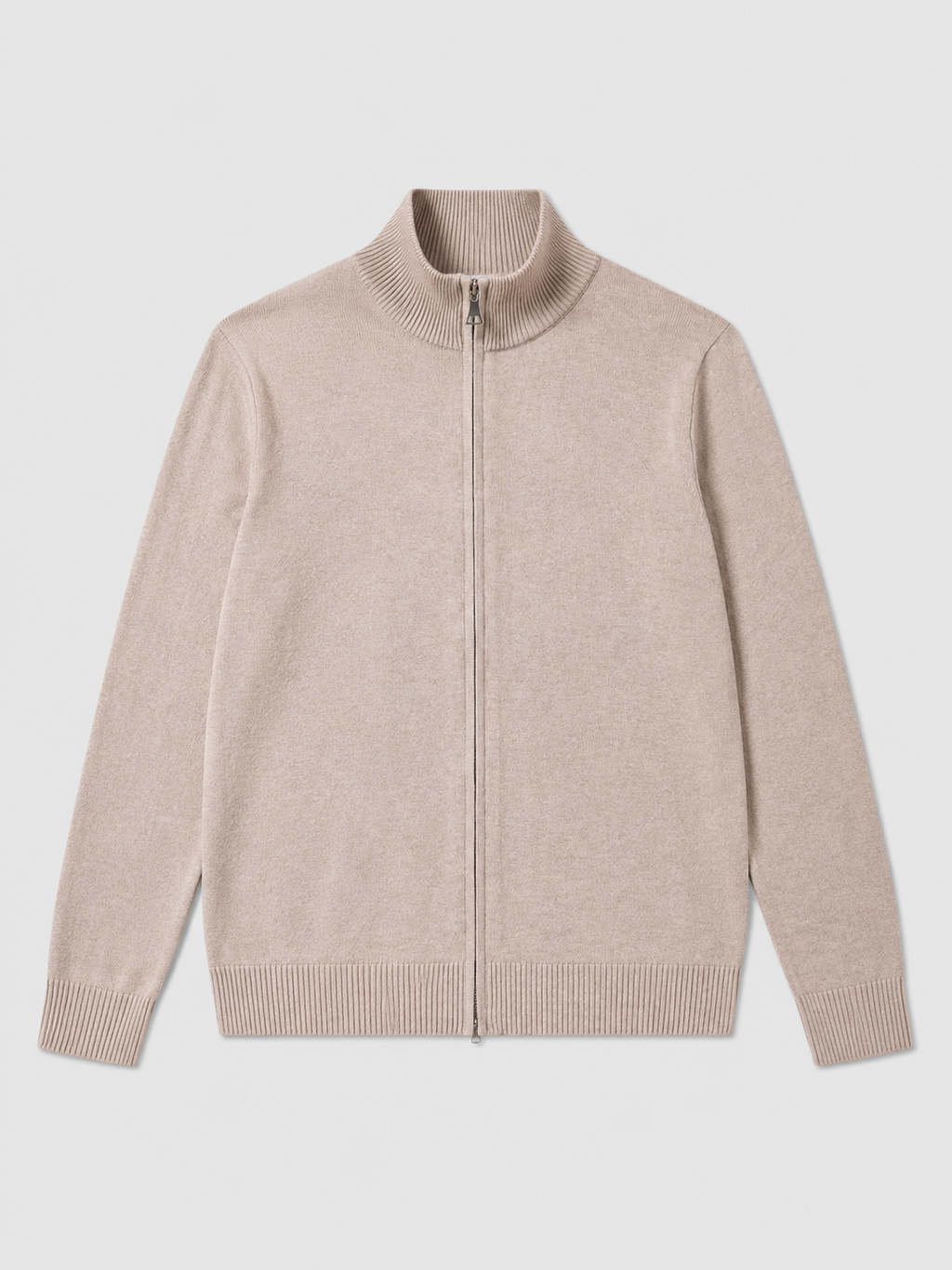 Khaki men’s full zip knit cardigan sweater with a stand collar and slim fit displayed on a plain background