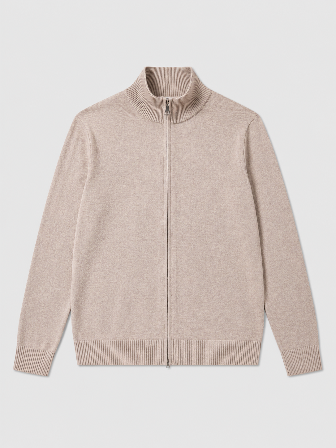 Khaki men’s full zip knit cardigan sweater with a stand collar and slim fit displayed on a plain background