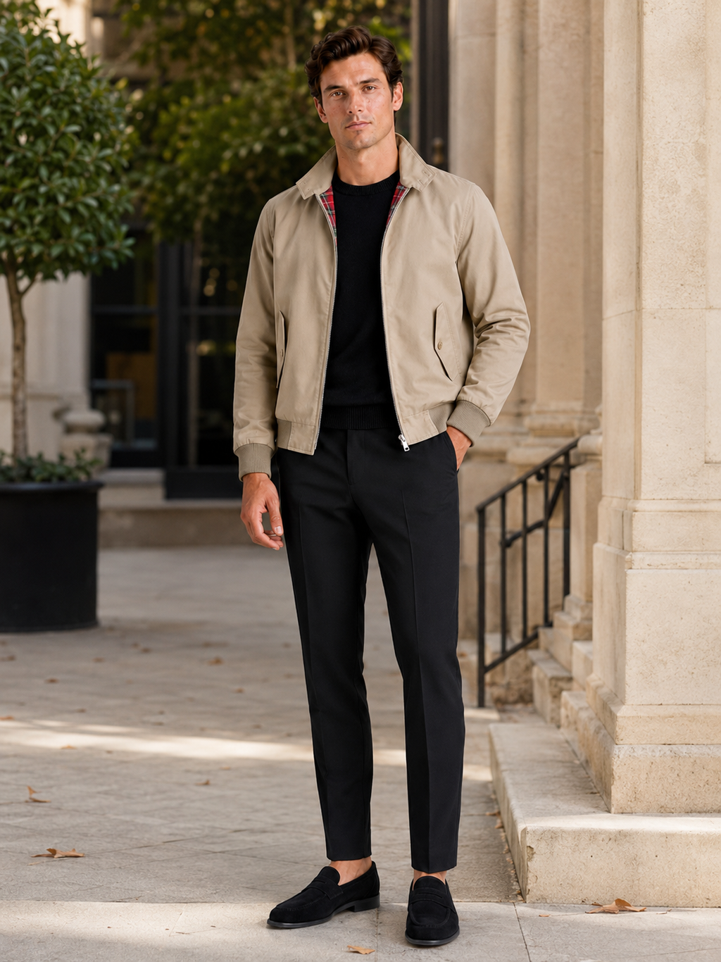 Man styling khaki Harrington fall jacket in a relaxed everyday lifestyle outfit