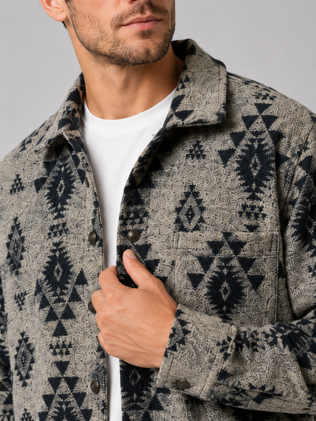 Close-up of a khaki heavyweight flannel jacket showing the premium brushed fabric, thick wool-blend texture, button closure, collar, chest pockets, and reinforced stitching