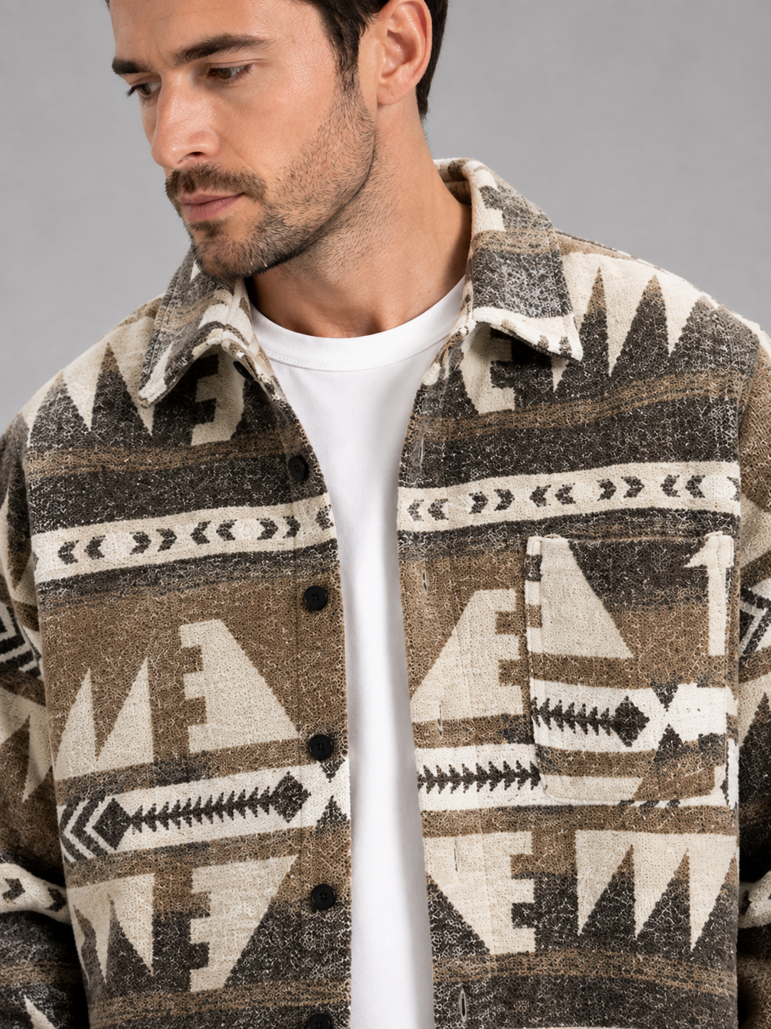 Close-up of a khaki heavyweight flannel shacket showing the premium wool blend fabric, ethnic pattern, button closure, chest pockets, collar, and stitching details