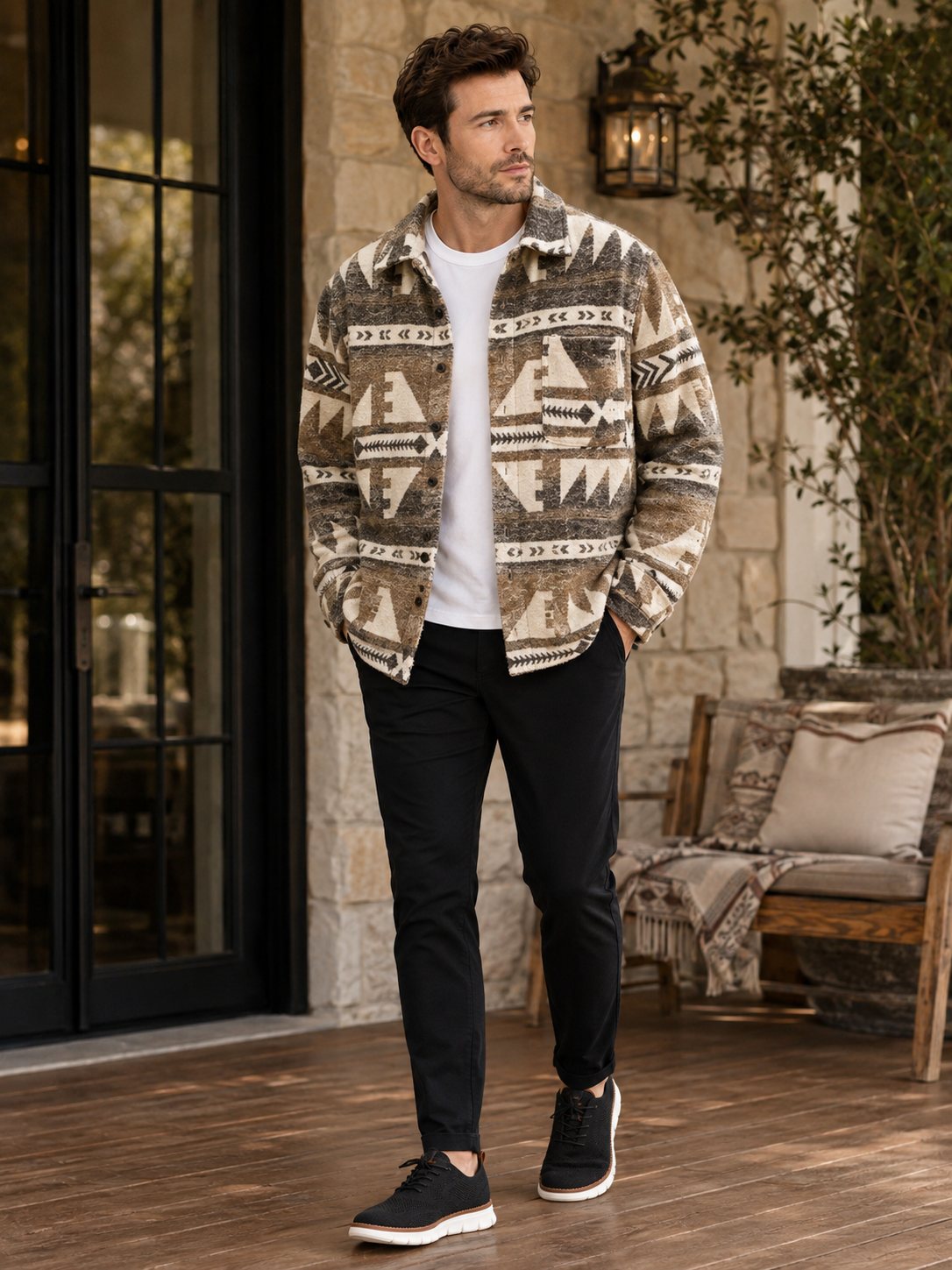 Man wearing a khaki wool blend flannel shirt jacket with an ethnic print in a rugged casual outdoor fall winter outfit