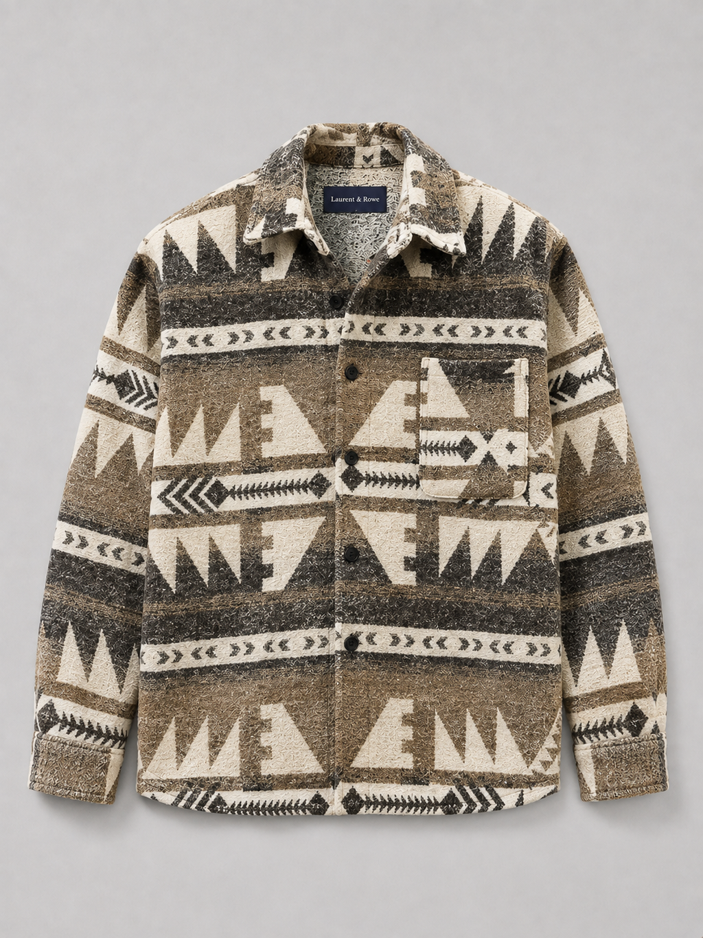 Khaki men’s heavyweight wool blend flannel shacket with an ethnic print pattern displayed on a plain background