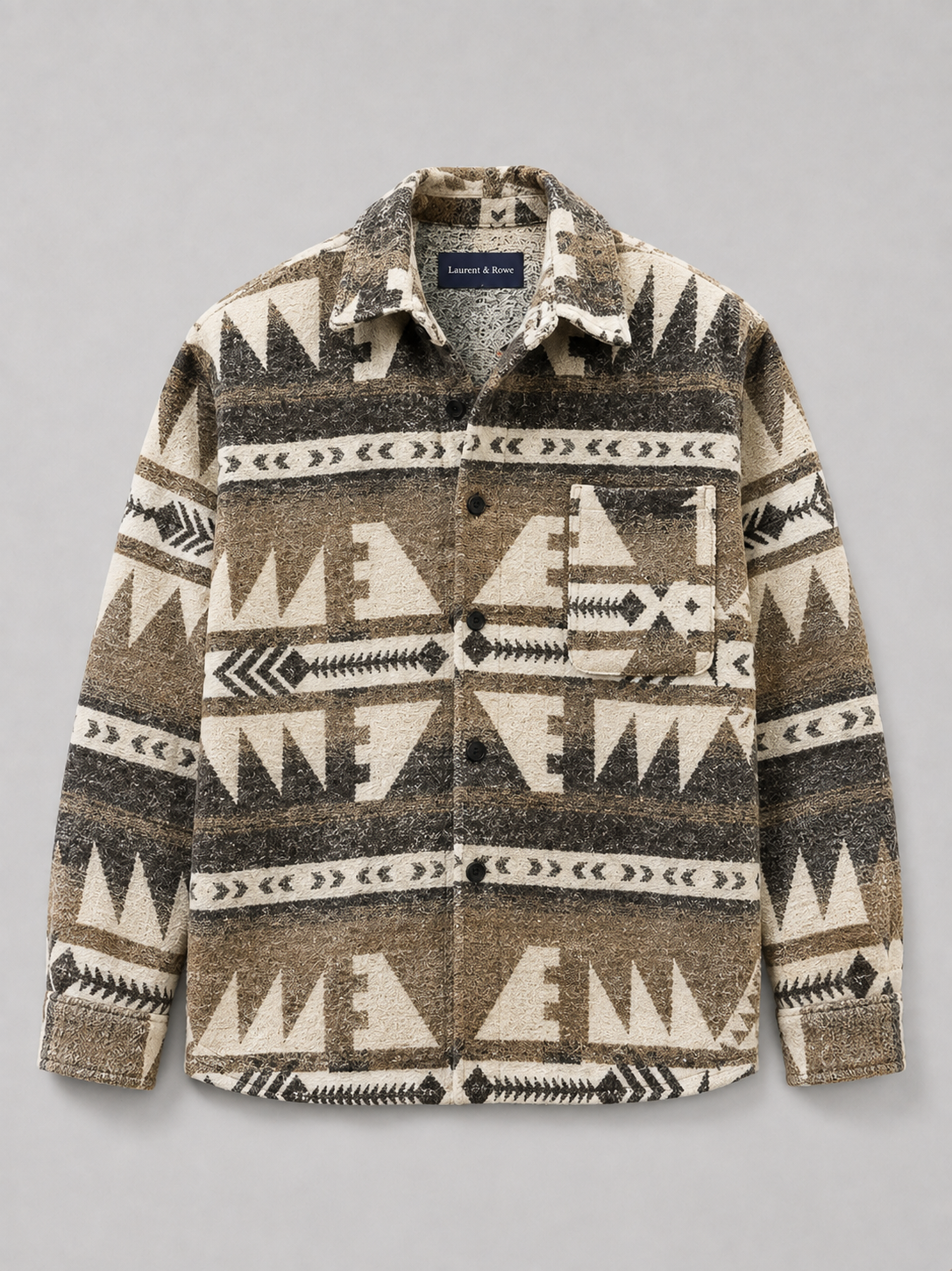 Khaki men’s heavyweight wool blend flannel shacket with an ethnic print pattern displayed on a plain background