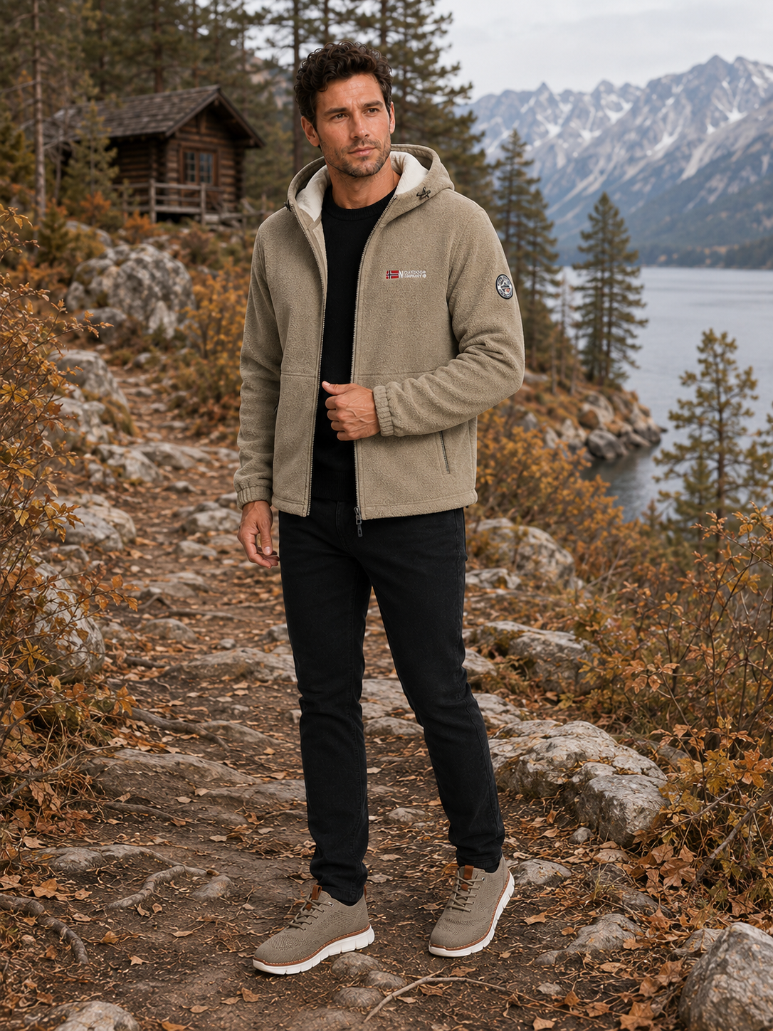 Man wearing a khaki hooded windproof fleece jacket for hiking and outdoor activities in fall and winter