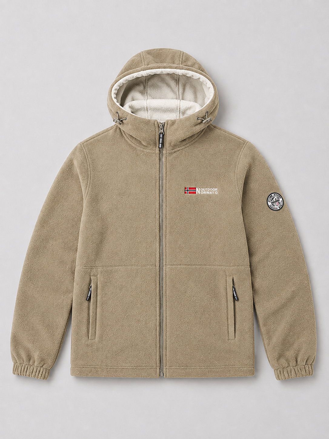Khaki men’s hooded windproof fleece jacket with thick warm construction displayed on a plain background