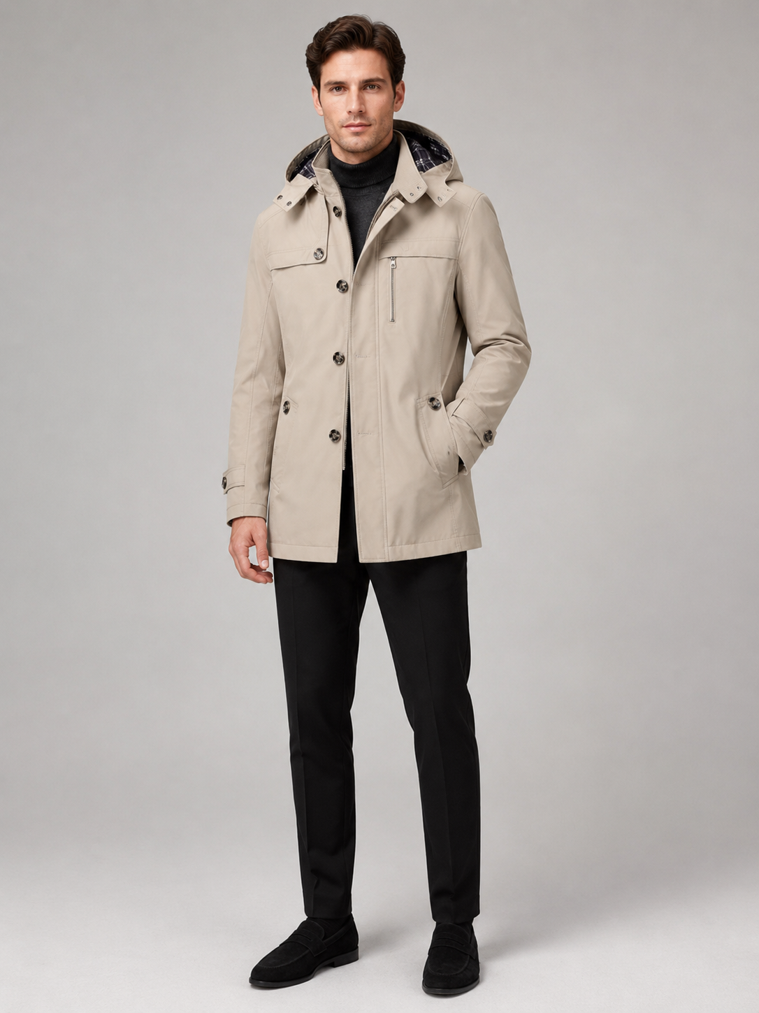 Beige hooded trench coat for men long warm fall winter outerwear for everyday wear