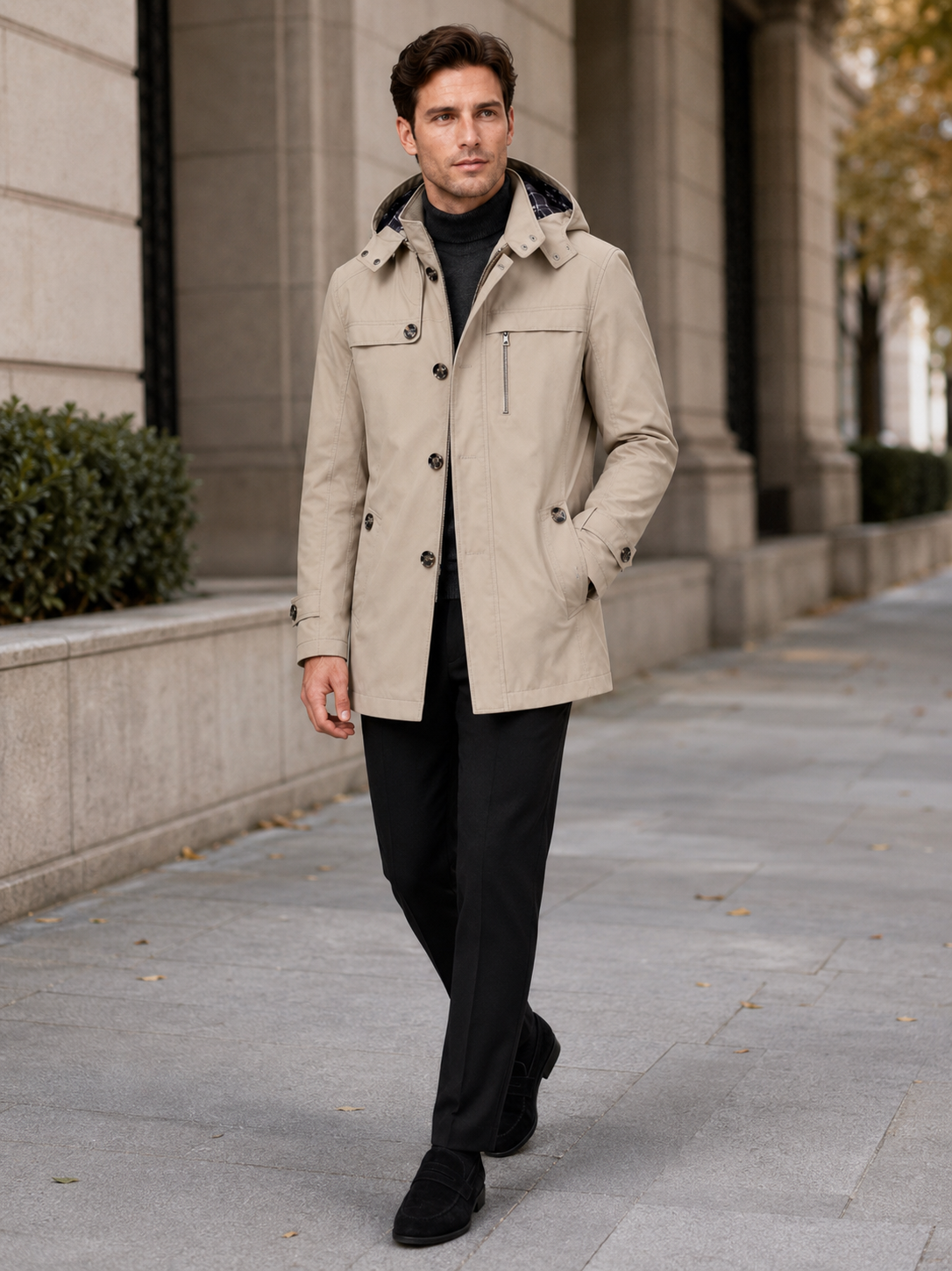 Man styling beige hooded trench coat in a refined outdoor and everyday winter lifestyle outfit
