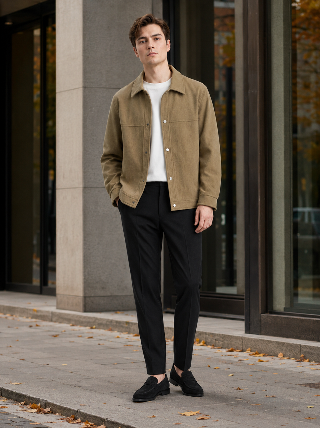 Man styling khaki corduroy jacket in a relaxed streetwear and everyday lifestyle outfit