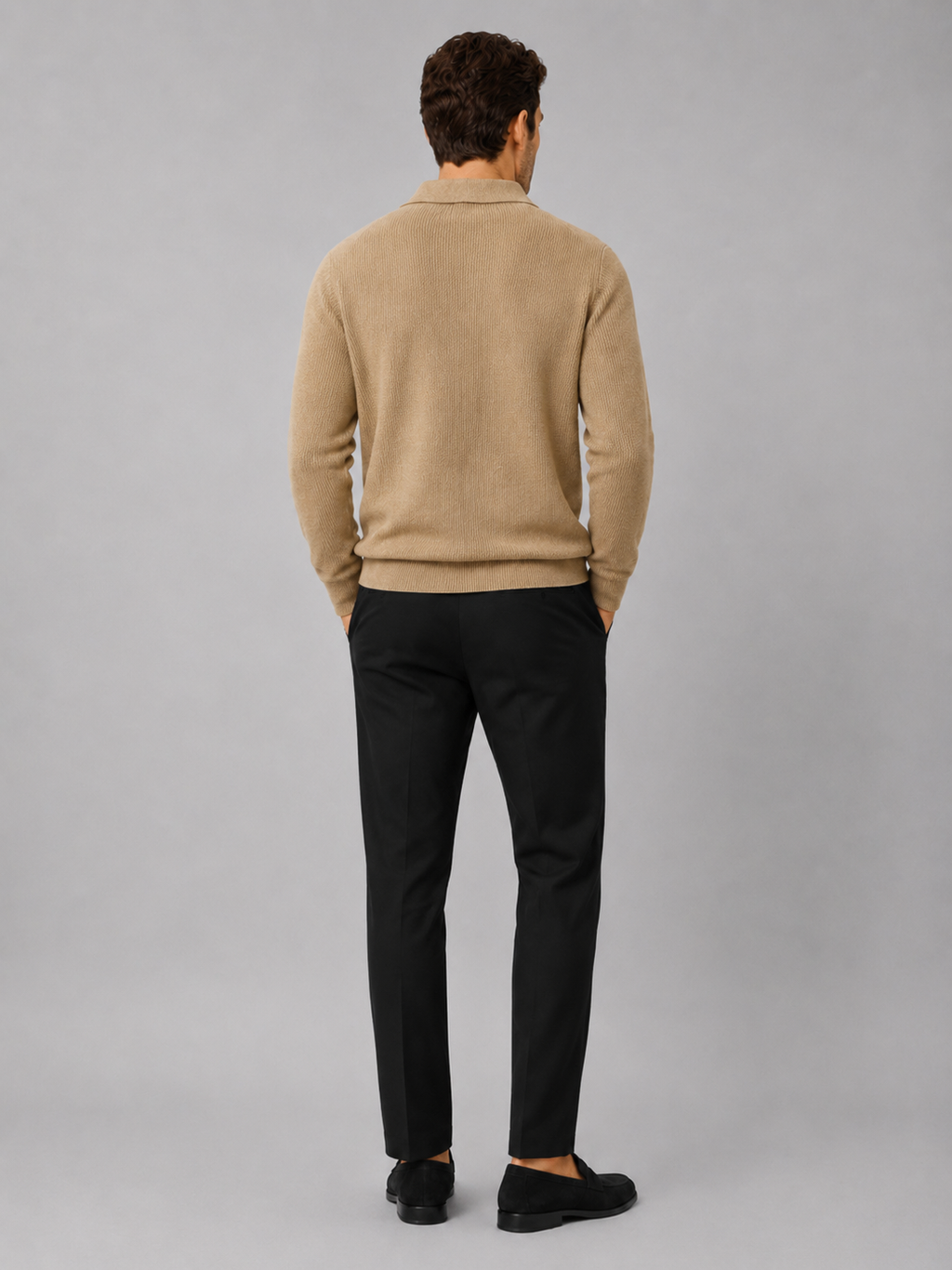 Close-up of a khaki Johnny collar sweater showing the thick knit texture, open polo collar, cuffs, and stitching