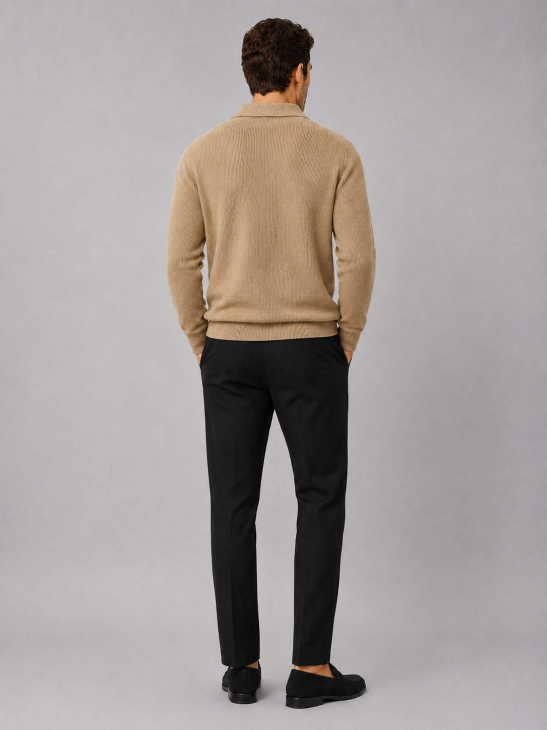 Close-up of a khaki Johnny collar sweater showing the thick knit texture, open polo collar, cuffs, and stitching