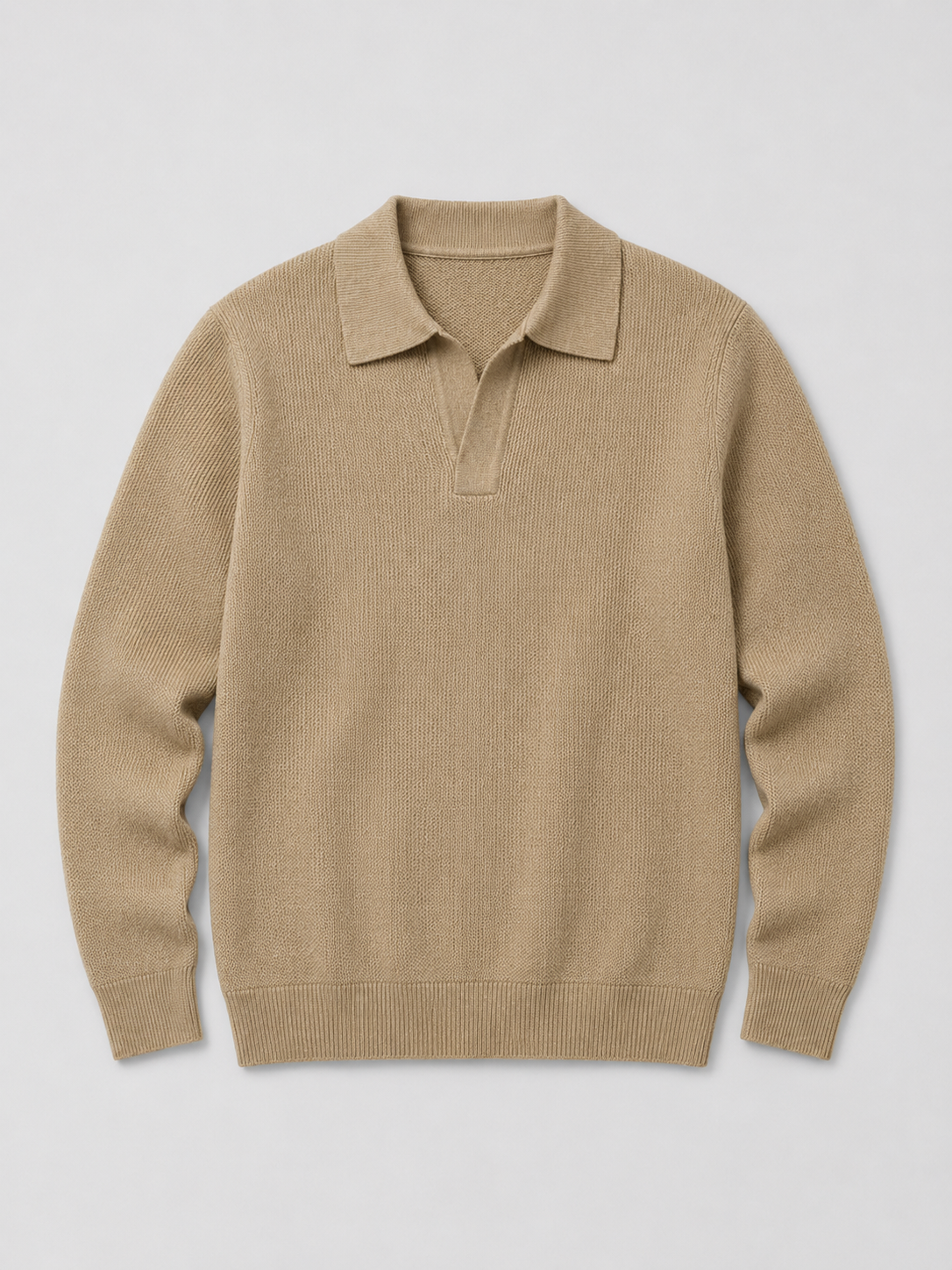 Khaki men’s heavyweight knit Johnny collar polo sweater displayed on a plain background