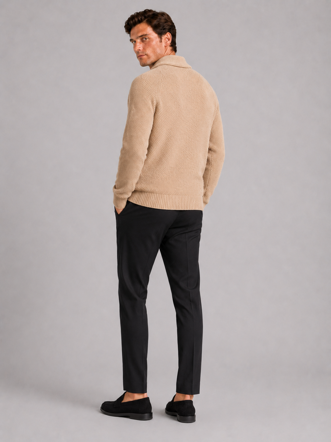 Men’s khaki cardigan sweater with front pockets comfortable knit layer for casual outfits