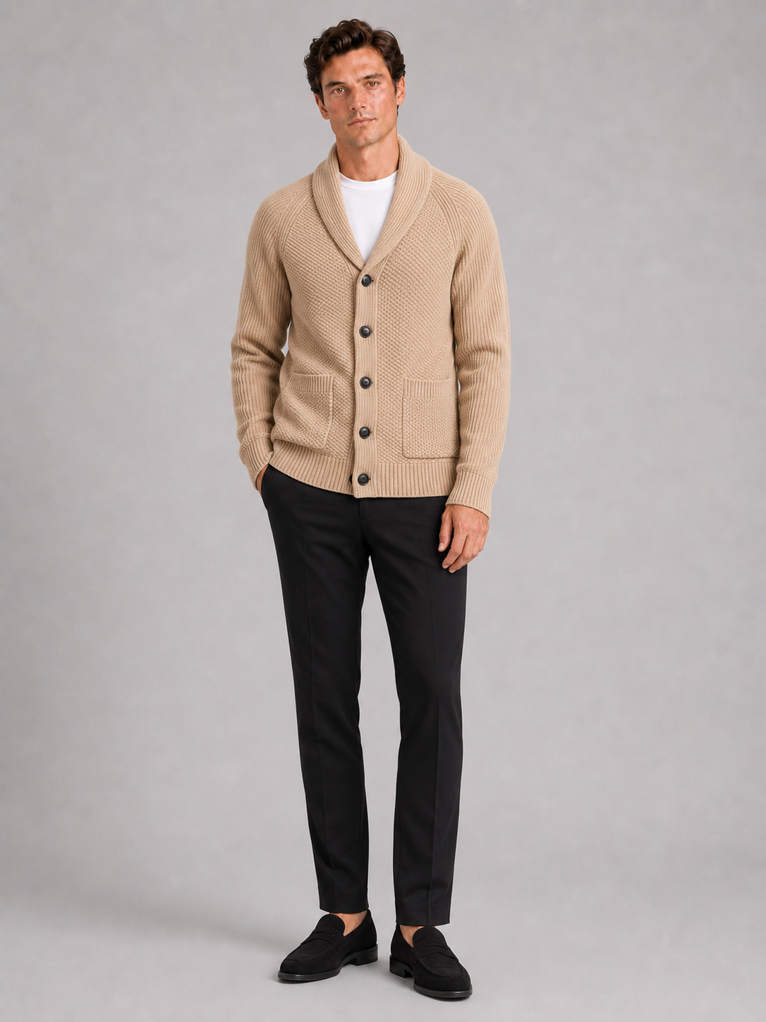 Khaki knit cardigan sweater for men long sleeve layer for everyday fall winter wear