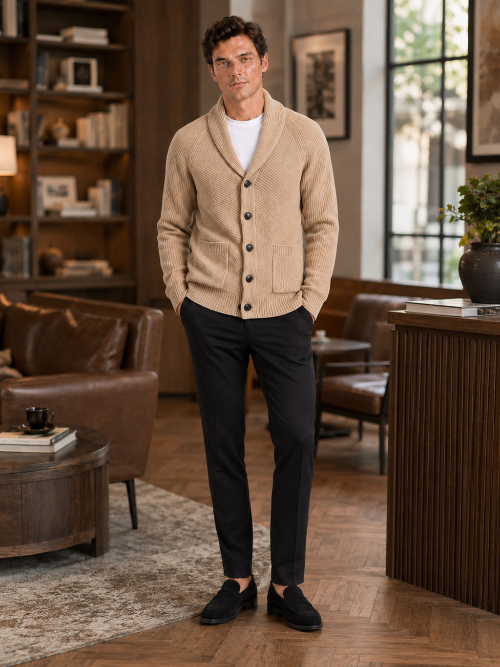 Man styling khaki knit cardigan sweater in a refined fall winter lifestyle outfit